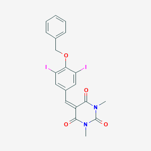molecular formula C20H16I2N2O4 B393607 5-[4-(benzyloxy)-3,5-diiodobenzylidene]-1,3-dimethyl-2,4,6(1H,3H,5H)-pyrimidinetrione 