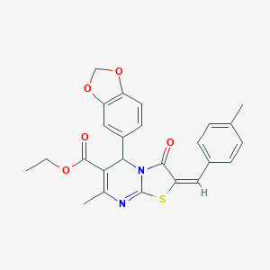 molecular formula C25H22N2O5S B393615 ethyl 5-(1,3-benzodioxol-5-yl)-7-methyl-2-(4-methylbenzylidene)-3-oxo-2,3-dihydro-5H-[1,3]thiazolo[3,2-a]pyrimidine-6-carboxylate 