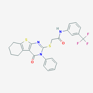 molecular formula C25H20F3N3O2S2 B393665 2-[(4-oxo-3-phenyl-3,4,5,6,7,8-hexahydro[1]benzothieno[2,3-d]pyrimidin-2-yl)sulfanyl]-N-[3-(trifluoromethyl)phenyl]acetamide 