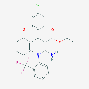 molecular formula C25H22ClF3N2O3 B393712 Ethyl 2-amino-4-(4-chlorophenyl)-5-oxo-1-[2-(trifluoromethyl)phenyl]-1,4,5,6,7,8-hexahydro-3-quinolinecarboxylate 