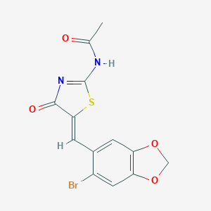 molecular formula C13H9BrN2O4S B393879 N-{5-[(6-bromo-1,3-benzodioxol-5-yl)methylene]-4-oxo-1,3-thiazolidin-2-ylidene}acetamide 