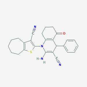 molecular formula C26H24N4OS B393884 2-[2-amino-3-cyano-5-oxo-4-phenyl-5,6,7,8-tetrahydro-1(4H)-quinolinyl]-5,6,7,8-tetrahydro-4H-cyclohepta[b]thiophen-3-yl cyanide 