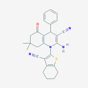 molecular formula C27H26N4OS B393890 2-[2-amino-3-cyano-7,7-dimethyl-5-oxo-4-phenyl-5,6,7,8-tetrahydro-1(4H)-quinolinyl]-4,5,6,7-tetrahydro-1-benzothiophen-3-yl cyanide 
