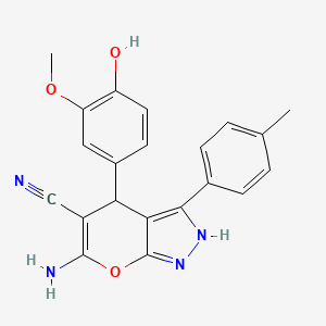 molecular formula C21H18N4O3 B3939123 6-amino-4-(4-hydroxy-3-methoxyphenyl)-3-(4-methylphenyl)-1,4-dihydropyrano[2,3-c]pyrazole-5-carbonitrile 