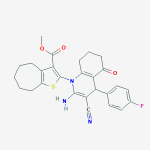 molecular formula C27H26FN3O3S B393918 methyl 2-[2-amino-3-cyano-4-(4-fluorophenyl)-5-oxo-5,6,7,8-tetrahydro-1(4H)-quinolinyl]-5,6,7,8-tetrahydro-4H-cyclohepta[b]thiophene-3-carboxylate 