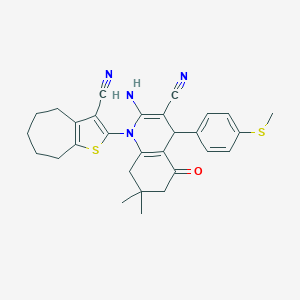 molecular formula C29H30N4OS2 B393926 2-[2-amino-3-cyano-7,7-dimethyl-4-[4-(methylsulfanyl)phenyl]-5-oxo-5,6,7,8-tetrahydro-1(4H)-quinolinyl]-5,6,7,8-tetrahydro-4H-cyclohepta[b]thiophen-3-yl cyanide 