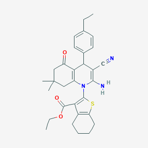 molecular formula C31H35N3O3S B393930 ethyl 2-(2-amino-3-cyano-4-(4-ethylphenyl)-7,7-dimethyl-5-oxo-5,6,7,8-tetrahydro-1(4H)-quinolinyl)-4,5,6,7-tetrahydro-1-benzothiophene-3-carboxylate 