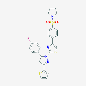 molecular formula C26H23FN4O2S3 B393941 2-[5-(4-fluorophenyl)-3-(2-thienyl)-4,5-dihydro-1H-pyrazol-1-yl]-4-[4-(1-pyrrolidinylsulfonyl)phenyl]-1,3-thiazole 