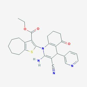 molecular formula C27H28N4O3S B393952 ethyl 2-[2-amino-3-cyano-5-oxo-4-(3-pyridinyl)-5,6,7,8-tetrahydro-1(4H)-quinolinyl]-5,6,7,8-tetrahydro-4H-cyclohepta[b]thiophene-3-carboxylate 