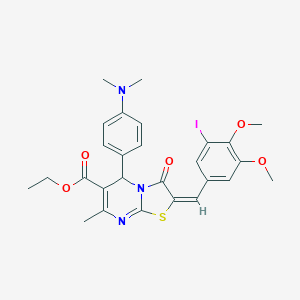 molecular formula C27H28IN3O5S B393998 ethyl 5-[4-(dimethylamino)phenyl]-2-(3-iodo-4,5-dimethoxybenzylidene)-7-methyl-3-oxo-2,3-dihydro-5H-[1,3]thiazolo[3,2-a]pyrimidine-6-carboxylate 
