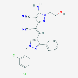 molecular formula C25H19Cl2N7O B394080 5-amino-3-{(Z)-1-cyano-2-[1-(2,4-dichlorobenzyl)-3-phenyl-1H-pyrazol-4-yl]ethenyl}-1-(2-hydroxyethyl)-1H-pyrazole-4-carbonitrile 