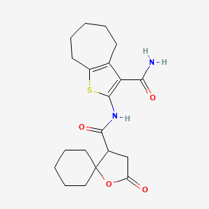 molecular formula C20H26N2O4S B3940959 N-[3-(aminocarbonyl)-5,6,7,8-tetrahydro-4H-cyclohepta[b]thien-2-yl]-2-oxo-1-oxaspiro[4.5]decane-4-carboxamide 