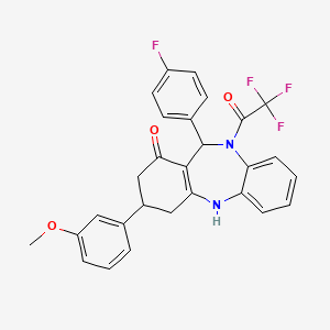 molecular formula C28H22F4N2O3 B3941721 11-(4-fluorophenyl)-3-(3-methoxyphenyl)-10-(trifluoroacetyl)-2,3,4,5,10,11-hexahydro-1H-dibenzo[b,e][1,4]diazepin-1-one 