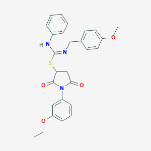 molecular formula C27H27N3O4S B394197 1-(3-Ethoxyphenyl)-3-{[[(4-methoxybenzyl)amino](phenylimino)methyl]sulfanyl}-2,5-dioxopyrrolidine 