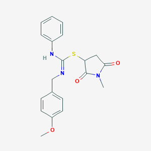 molecular formula C20H21N3O3S B394222 3-{[[(4-Methoxybenzyl)amino](phenylimino)methyl]sulfanyl}-1-methyl-2,5-dioxopyrrolidine 