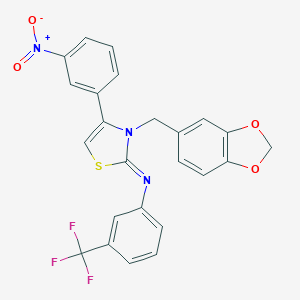 molecular formula C24H16F3N3O4S B394293 3-(1,3-Benzodioxol-5-ylmethyl)-4-{3-nitrophenyl}-2-{[3-(trifluoromethyl)phenyl]imino}-2,3-dihydro-1,3-thiazole 