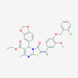 molecular formula C32H27ClN2O7S B394299 ethyl 5-(1,3-benzodioxol-5-yl)-2-{4-[(2-chlorobenzyl)oxy]-3-methoxybenzylidene}-7-methyl-3-oxo-2,3-dihydro-5H-[1,3]thiazolo[3,2-a]pyrimidine-6-carboxylate 