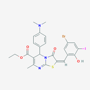 molecular formula C25H23BrIN3O4S B394331 ethyl 2-(5-bromo-2-hydroxy-3-iodobenzylidene)-5-[4-(dimethylamino)phenyl]-7-methyl-3-oxo-2,3-dihydro-5H-[1,3]thiazolo[3,2-a]pyrimidine-6-carboxylate 