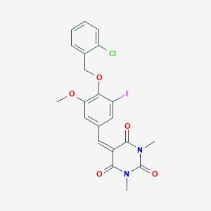 molecular formula C21H18ClIN2O5 B394362 5-{4-[(2-chlorobenzyl)oxy]-3-iodo-5-methoxybenzylidene}-1,3-dimethyl-2,4,6(1H,3H,5H)-pyrimidinetrione 