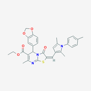 molecular formula C31H29N3O5S B394364 ethyl (2E)-5-(1,3-benzodioxol-5-yl)-2-{[2,5-dimethyl-1-(4-methylphenyl)-1H-pyrrol-3-yl]methylidene}-7-methyl-3-oxo-2,3-dihydro-5H-[1,3]thiazolo[3,2-a]pyrimidine-6-carboxylate 