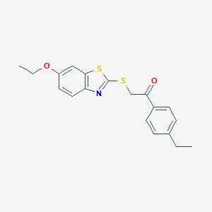 molecular formula C19H19NO2S2 B394391 2-[(6-Ethoxy-1,3-benzothiazol-2-yl)sulfanyl]-1-(4-ethylphenyl)ethanone 