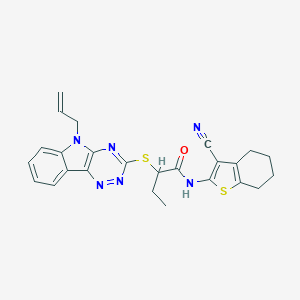 molecular formula C25H24N6OS2 B394434 2-[(5-allyl-5H-[1,2,4]triazino[5,6-b]indol-3-yl)sulfanyl]-N-(3-cyano-4,5,6,7-tetrahydro-1-benzothiophen-2-yl)butanamide 