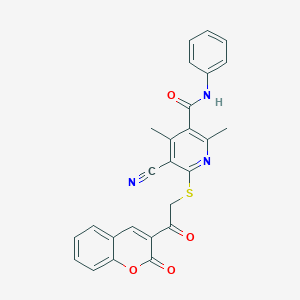 molecular formula C26H19N3O4S B394493 5-cyano-2,4-dimethyl-6-{[2-oxo-2-(2-oxo-2H-chromen-3-yl)ethyl]sulfanyl}-N-phenylnicotinamide 