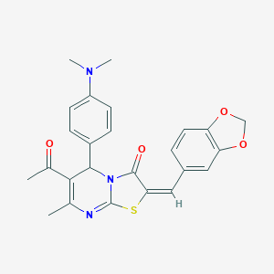 molecular formula C25H23N3O4S B394494 (2E)-6-acetyl-2-(1,3-benzodioxol-5-ylmethylene)-5-[4-(dimethylamino)phenyl]-7-methyl-5H-[1,3]thiazolo[3,2-a]pyrimidin-3(2H)-one 