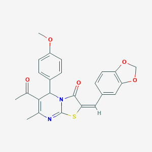 molecular formula C24H20N2O5S B394497 (2E)-6-acetyl-2-(1,3-benzodioxol-5-ylmethylene)-5-(4-methoxyphenyl)-7-methyl-5H-[1,3]thiazolo[3,2-a]pyrimidin-3(2H)-one 