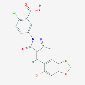 molecular formula C19H12BrClN2O5 B394512 5-{(4E)-4-[(6-bromo-1,3-benzodioxol-5-yl)methylidene]-3-methyl-5-oxo-4,5-dihydro-1H-pyrazol-1-yl}-2-chlorobenzoic acid 