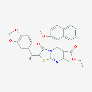 molecular formula C29H24N2O6S B394517 ethyl 2-(1,3-benzodioxol-5-ylmethylene)-5-(2-methoxy-1-naphthyl)-7-methyl-3-oxo-2,3-dihydro-5H-[1,3]thiazolo[3,2-a]pyrimidine-6-carboxylate 
