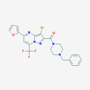 molecular formula C23H19BrF3N5O2 B394527 (4-Benzylpiperazino)[3-bromo-5-(2-furyl)-7-(trifluoromethyl)pyrazolo[1,5-a]pyrimidin-2-yl]methanone 