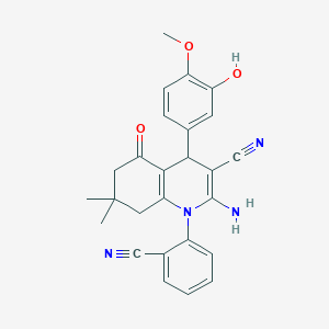 molecular formula C26H24N4O3 B394546 2-Amino-1-(2-cyanophenyl)-4-(3-hydroxy-4-methoxyphenyl)-7,7-dimethyl-5-oxo-1,4,5,6,7,8-hexahydroquinoline-3-carbonitrile 