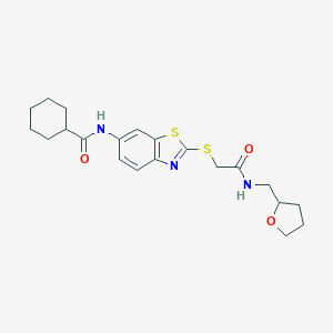 molecular formula C21H27N3O3S2 B394592 N-[2-({2-oxo-2-[(tetrahydro-2-furanylmethyl)amino]ethyl}sulfanyl)-1,3-benzothiazol-6-yl]cyclohexanecarboxamide 