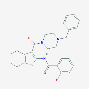 molecular formula C27H28FN3O2S B394684 N~1~-{3-[(4-benzylpiperazino)carbonyl]-4,5,6,7-tetrahydro-1-benzothiophen-2-yl}-2-fluorobenzamide 