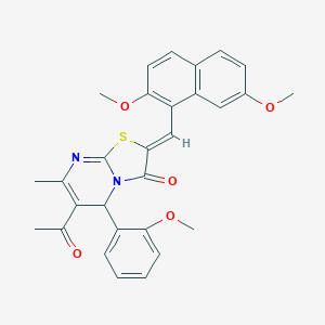 molecular formula C29H26N2O5S B394691 (2Z)-6-acetyl-2-[(2,7-dimethoxynaphthalen-1-yl)methylidene]-5-(2-methoxyphenyl)-7-methyl-5H-[1,3]thiazolo[3,2-a]pyrimidin-3(2H)-one 