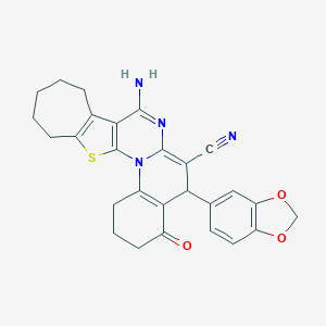 molecular formula C27H24N4O3S B394757 8-amino-5-(1,3-benzodioxol-5-yl)-4-oxo-1,3,4,5,10,11,12,13-octahydro-2H,9H-cyclohepta[4',5']thieno[3',2':5,6]pyrimido[1,2-a]quinoline-6-carbonitrile 