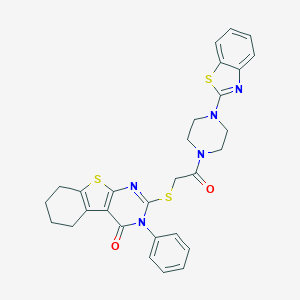 molecular formula C29H27N5O2S3 B394773 2-({2-[4-(1,3-benzothiazol-2-yl)-1-piperazinyl]-2-oxoethyl}sulfanyl)-3-phenyl-5,6,7,8-tetrahydro[1]benzothieno[2,3-d]pyrimidin-4(3H)-one 