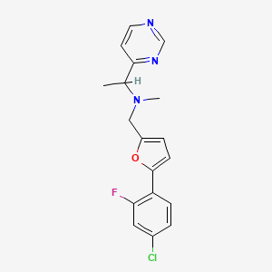 molecular formula C18H17ClFN3O B3949031 N-{[5-(4-chloro-2-fluorophenyl)-2-furyl]methyl}-N-methyl-1-pyrimidin-4-ylethanamine 