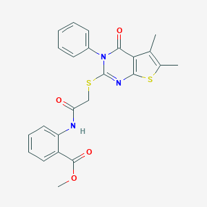 molecular formula C24H21N3O4S2 B394930 Methyl 2-[[2-(5,6-dimethyl-4-oxo-3-phenylthieno[2,3-d]pyrimidin-2-yl)sulfanylacetyl]amino]benzoate CAS No. 384859-11-4