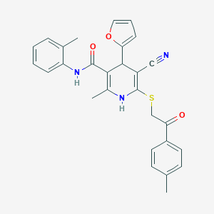 molecular formula C28H25N3O3S B394952 5-cyano-4-(2-furyl)-2-methyl-N-(2-methylphenyl)-6-{[2-(4-methylphenyl)-2-oxoethyl]sulfanyl}-1,4-dihydro-3-pyridinecarboxamide 