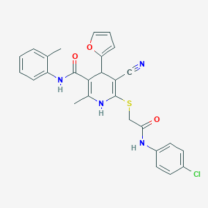 molecular formula C27H23ClN4O3S B394953 6-{[2-(4-chloroanilino)-2-oxoethyl]sulfanyl}-5-cyano-4-(2-furyl)-2-methyl-N~3~-(2-methylphenyl)-1,4-dihydro-3-pyridinecarboxamide 