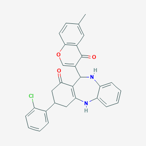 molecular formula C29H23ClN2O3 B395052 3-(2-chlorophenyl)-11-(6-methyl-4-oxo-4H-chromen-3-yl)-2,3,4,5,10,11-hexahydro-1H-dibenzo[b,e][1,4]diazepin-1-one 