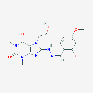 molecular formula C18H22N6O5 B395087 2,4-dimethoxybenzaldehyde [7-(2-hydroxyethyl)-1,3-dimethyl-2,6-dioxo-2,3,6,7-tetrahydro-1H-purin-8-yl]hydrazone 