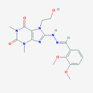 molecular formula C18H22N6O5 B395092 2,3-dimethoxybenzaldehyde [7-(2-hydroxyethyl)-1,3-dimethyl-2,6-dioxo-2,3,6,7-tetrahydro-1H-purin-8-yl]hydrazone 
