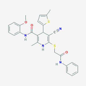 molecular formula C28H26N4O3S2 B395098 5-cyano-N-(2-methoxyphenyl)-2-methyl-4-(5-methylthiophen-2-yl)-6-{[2-oxo-2-(phenylamino)ethyl]sulfanyl}-1,4-dihydropyridine-3-carboxamide 