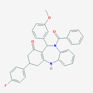 molecular formula C33H27FN2O3 B395141 10-benzoyl-3-(4-fluorophenyl)-11-(3-methoxyphenyl)-2,3,4,5,10,11-hexahydro-1H-dibenzo[b,e][1,4]diazepin-1-one 