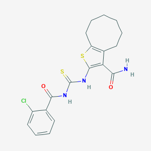 molecular formula C19H20ClN3O2S2 B395161 2-({[(2-Chlorobenzoyl)amino]carbothioyl}amino)-4,5,6,7,8,9-hexahydrocycloocta[b]thiophene-3-carboxamide 