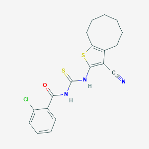 molecular formula C19H18ClN3OS2 B395162 2-chloro-N-[(3-cyano-4,5,6,7,8,9-hexahydrocycloocta[b]thiophen-2-yl)carbamothioyl]benzamide CAS No. 385379-48-6