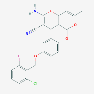 molecular formula C23H16ClFN2O4 B395215 2-amino-4-{3-[(2-chloro-6-fluorobenzyl)oxy]phenyl}-7-methyl-5-oxo-4H,5H-pyrano[4,3-b]pyran-3-carbonitrile 